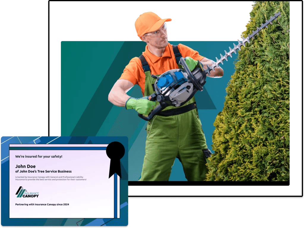 Image of man trimming tree with certificate overlay