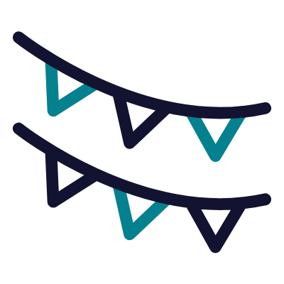 Simple black and blue line illustration of two rows of triangular flags or bunting hanging in a curved pattern.