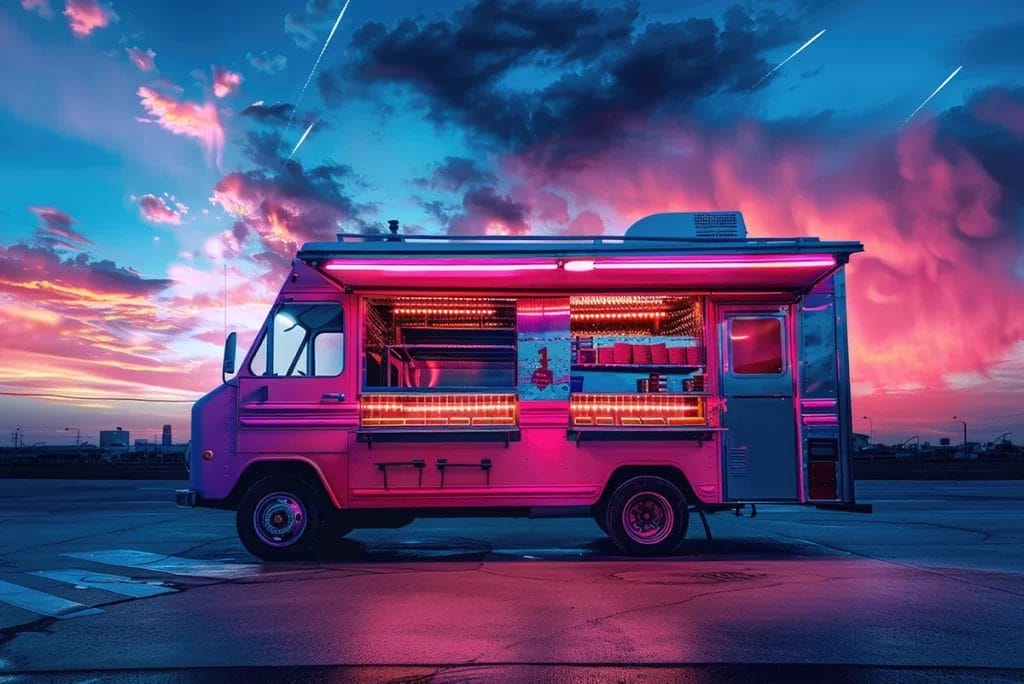 A food truck under dramatic pink and blue lighting at sunset.