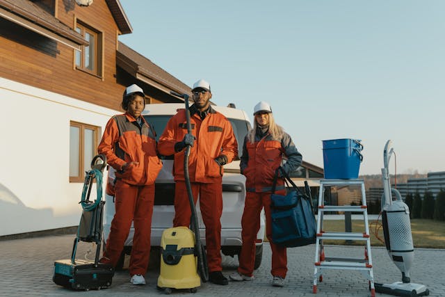 a three person cleaning crew stands in front of a van with their tools