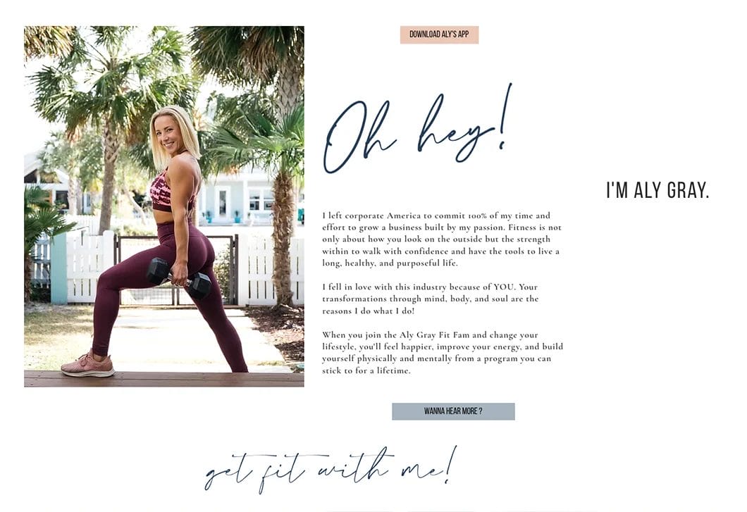 Screenshot of Aly Gray Fitness home page featuring an image of Aly Gray in plum leggings and pink sports bra, in a lunge position holding dumbbells. A text box includes a welcome and about me message.