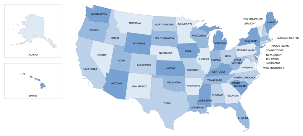 Map of the United States with states in varying shades of blue, featuring black state names and a white background.