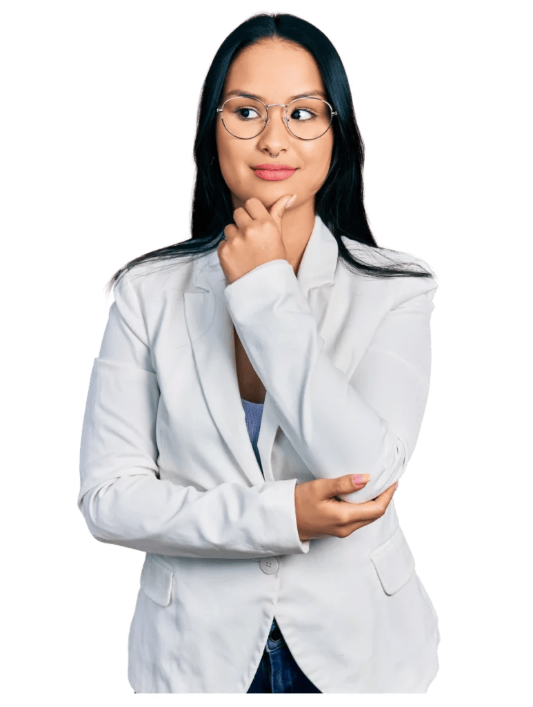 Image of a girl thinking with white frame in the background