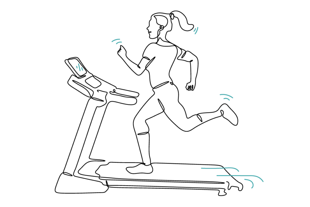 A fitness instructor runs on a treadmill.