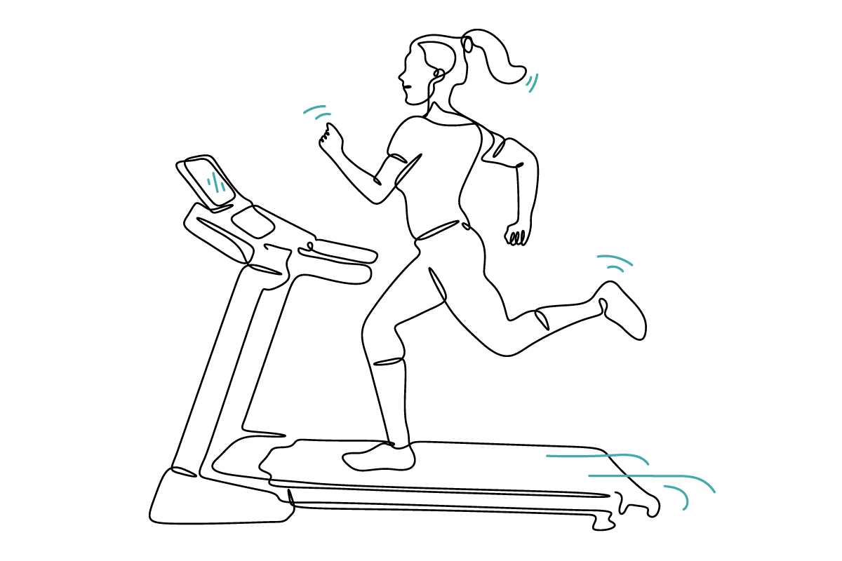 A fitness instructor runs on a treadmill.