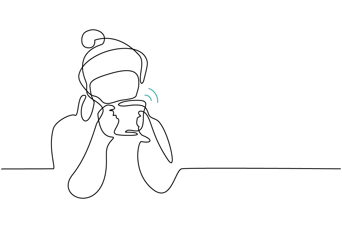 A line art drawing of someone sipping hot cocoa in a winter hat.