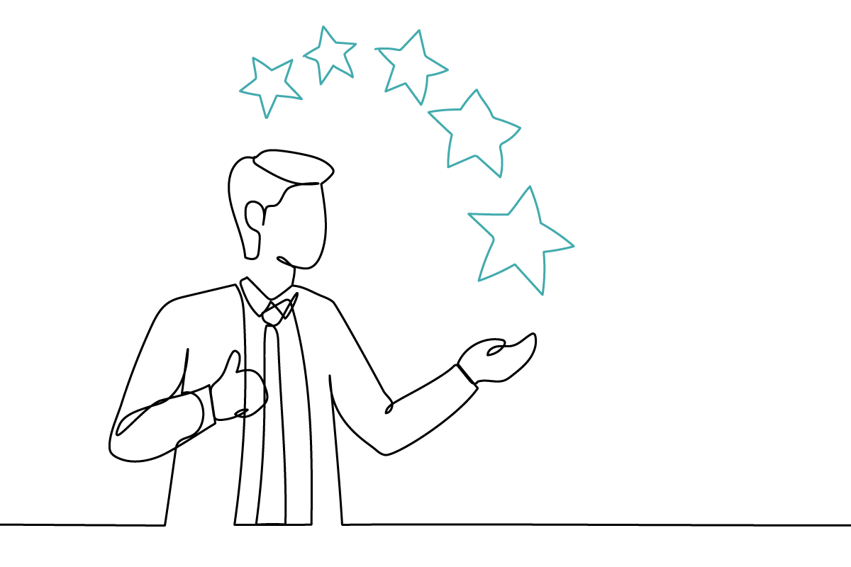 Line art of a man giving a 5 star review.