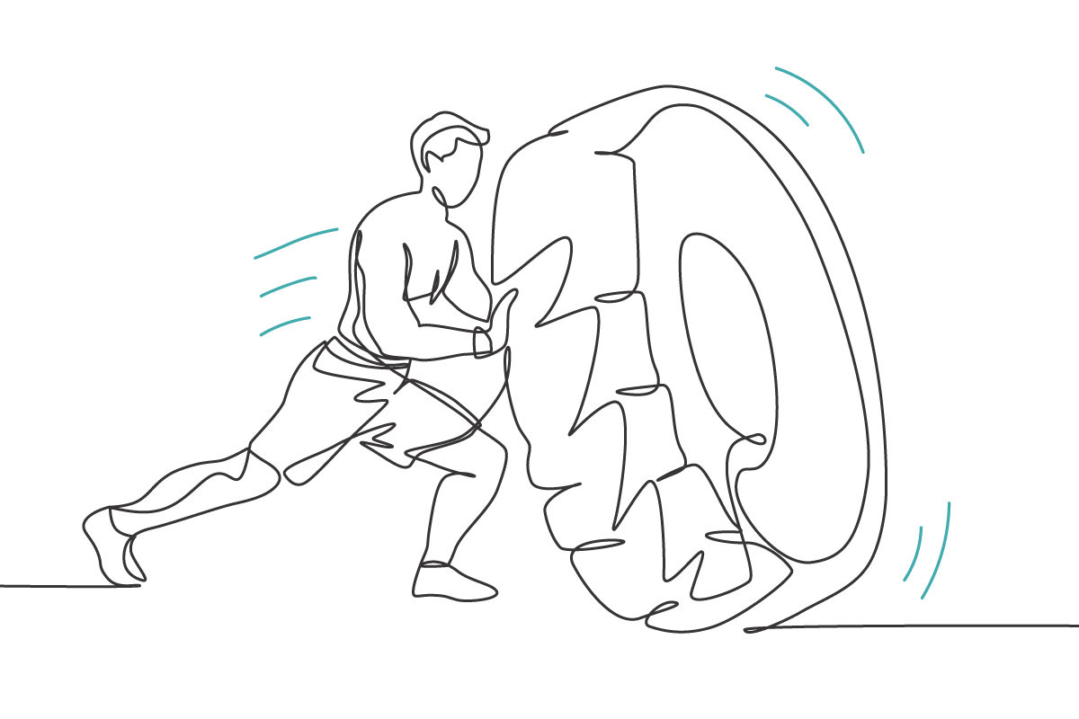 Line art of someone pushing a giant tire.