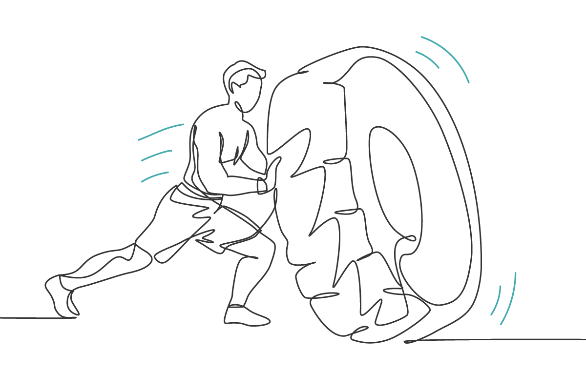 Line art of someone pushing a giant tire.