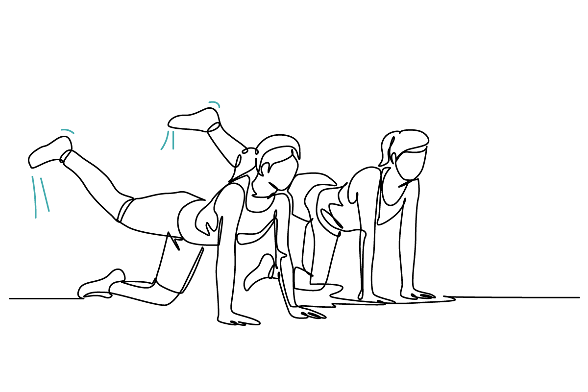 Line art of two friends doing pilates together.