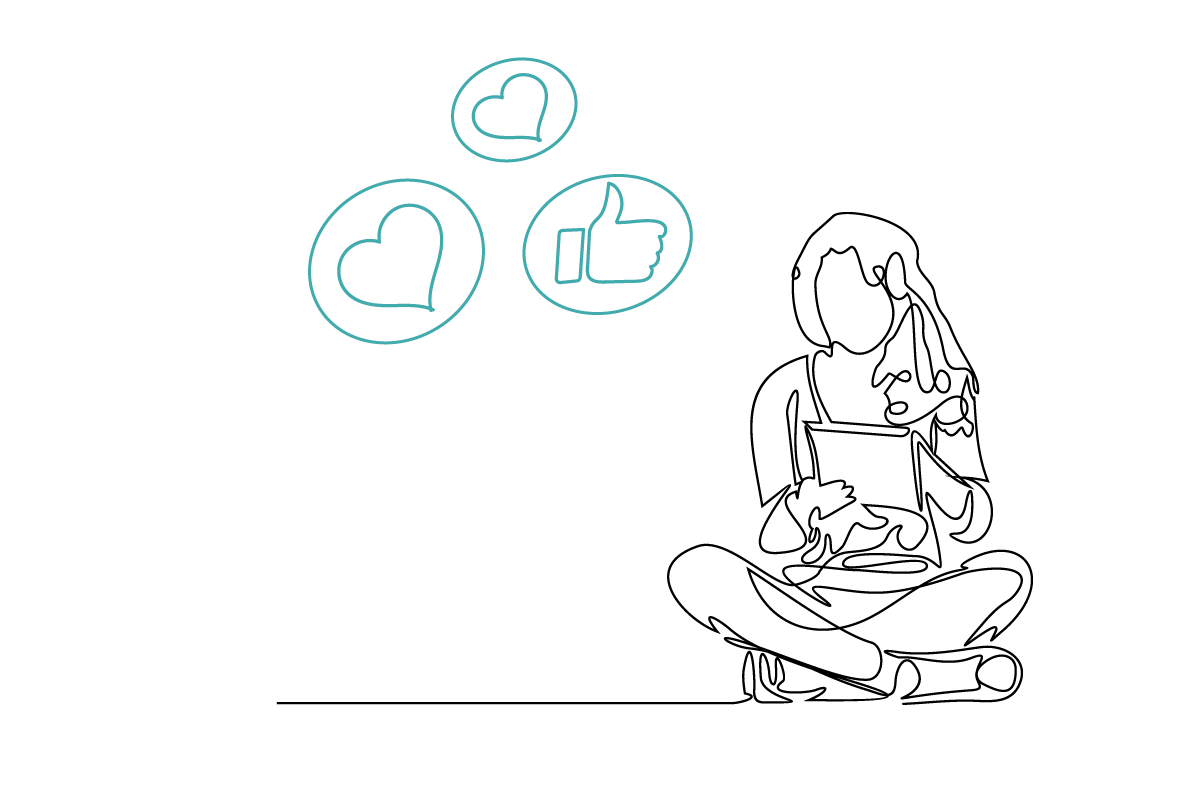 A line art drawing of someone checking social media.