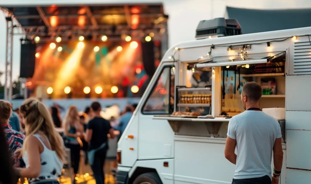 A food truck at an outdoor music festival serving a patron.