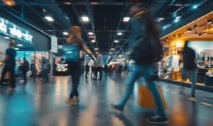 A blurry shot of trade show attendees walking around a convention center full of vendors and booths.