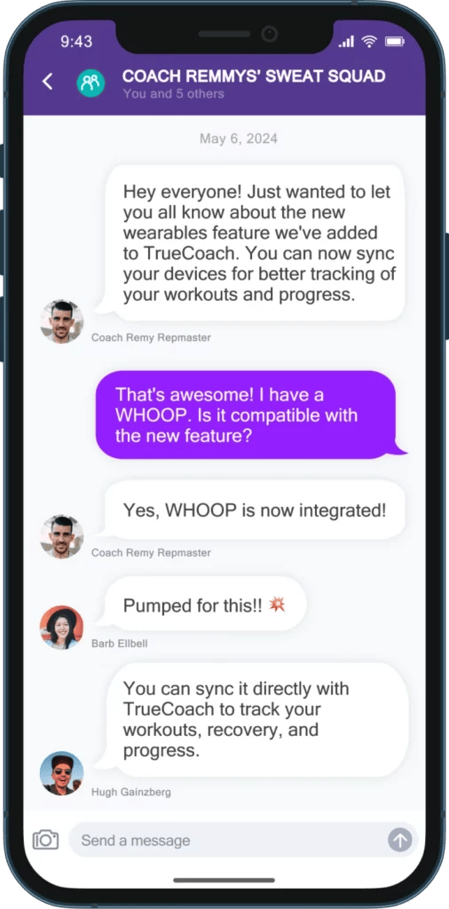 A mobile phone displays the TrueCoach chat feature of a group chat titled "Coach Remmys' Sweat Squad" with messages from the coach and two clients about the wearables feature. The color scheme is purple, teal, and white. Chat members, a man with dark hair and a mustache and beard, a woman with a brimmed hat, and a man wearing a hat and sunglasses, are shown with their profile photos next to their messages.