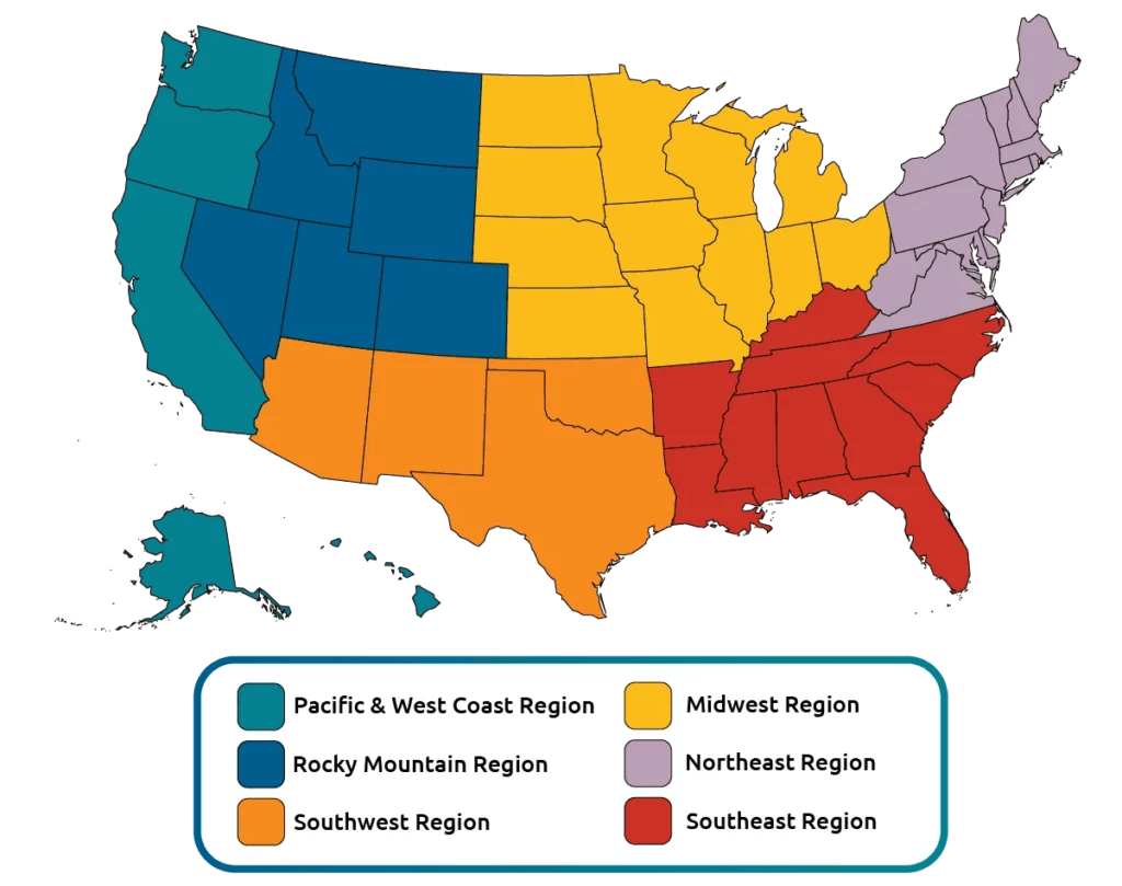 a us map split up and color coded by region