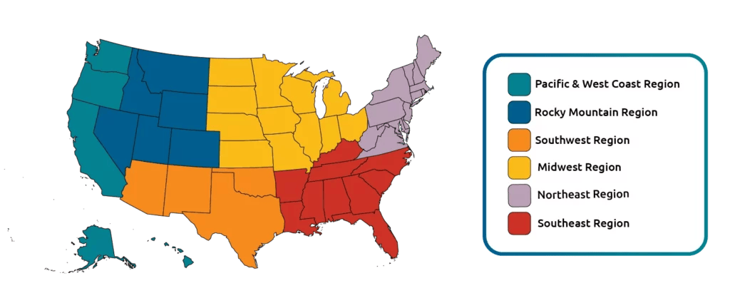 A US map divided by region