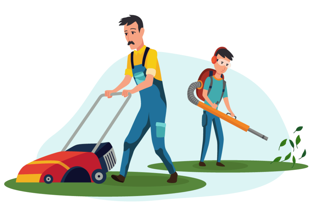 Illustration of two men mowing and blowing lawn