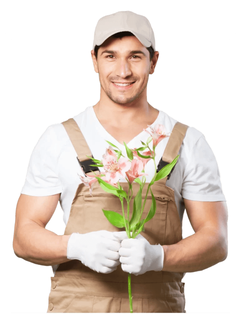 Image of a framed landscaper with flowers in his hands