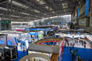 Overhead view of a trade show floor.