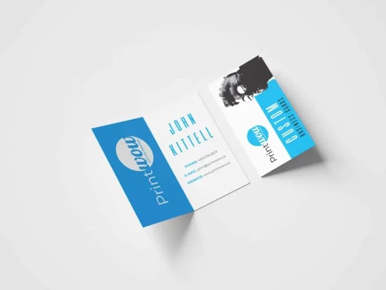 A folded business card that holds more information