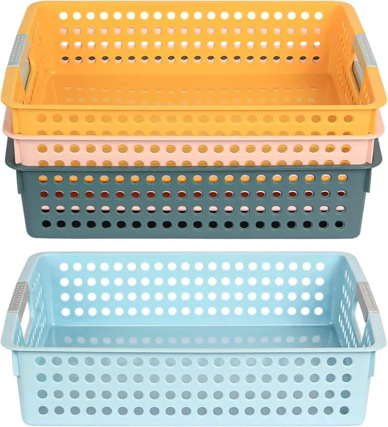 Stackable plastic trays in yellow, pink, green, and blue.