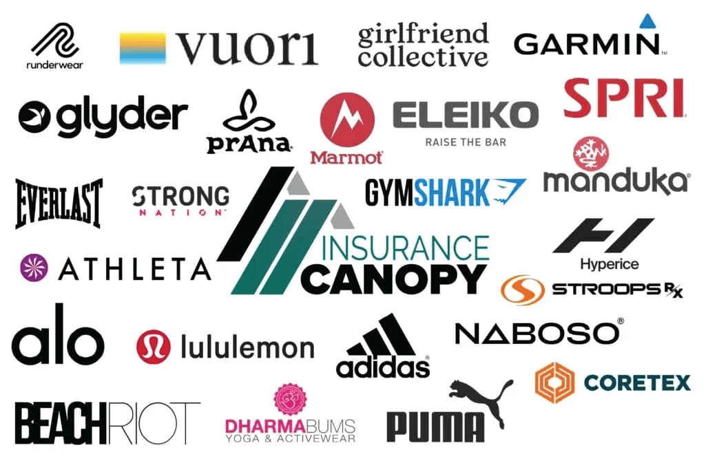 Insurance Canopy logo in the center, surrounded by a bunch of clothing and athletic goods brands for fitness professionals.