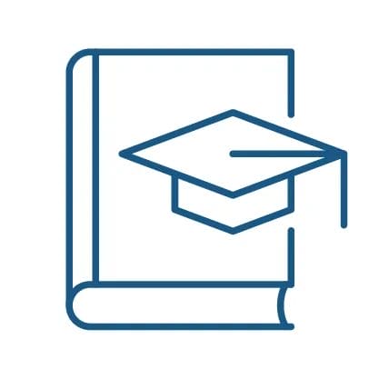 Illustrated icon for education consultants, showing a graduation cap in front of a text book