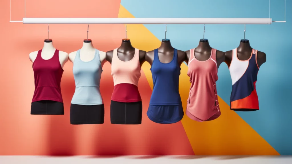 gym outfits hanging on a rack