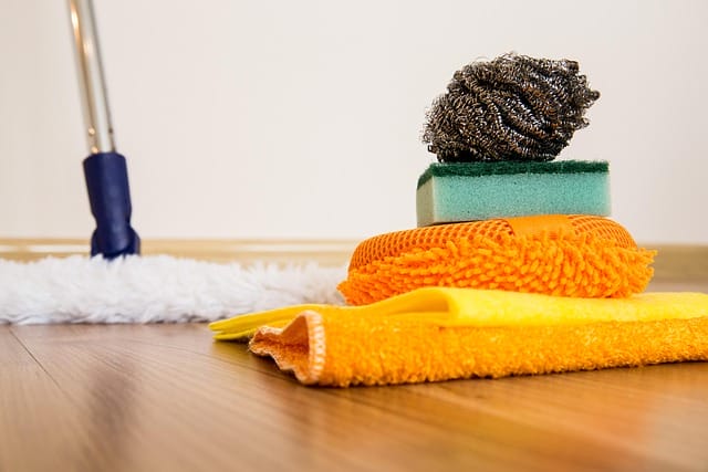 A close-up of cleaning supplies resting on hardwood floors