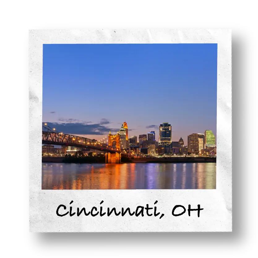 Cincinnati, OH waterfront at night.
