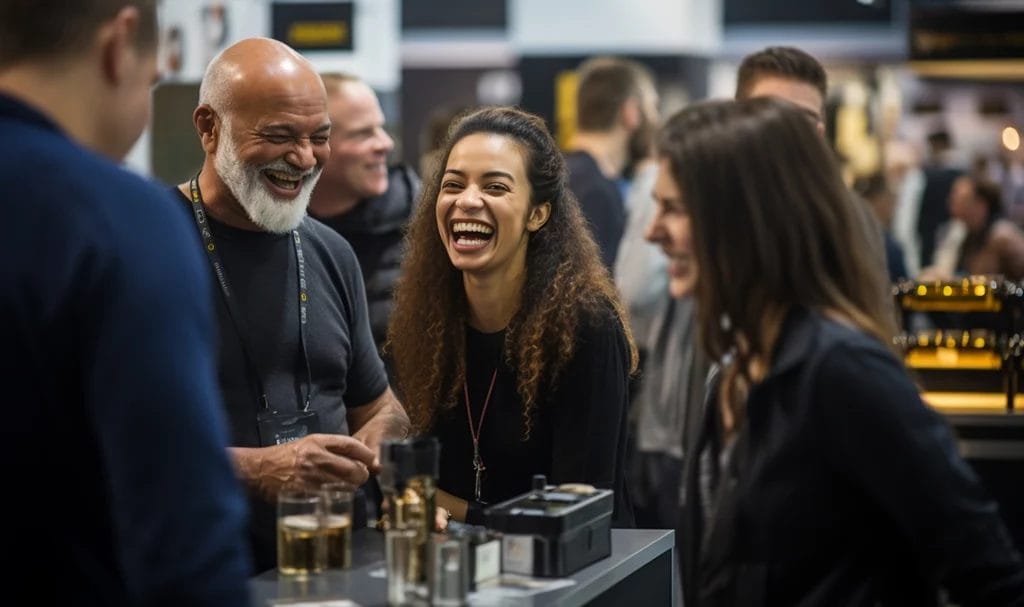 A group of participants laugh and smile as they chat with a booth owner about their business and how they can work together in the future.