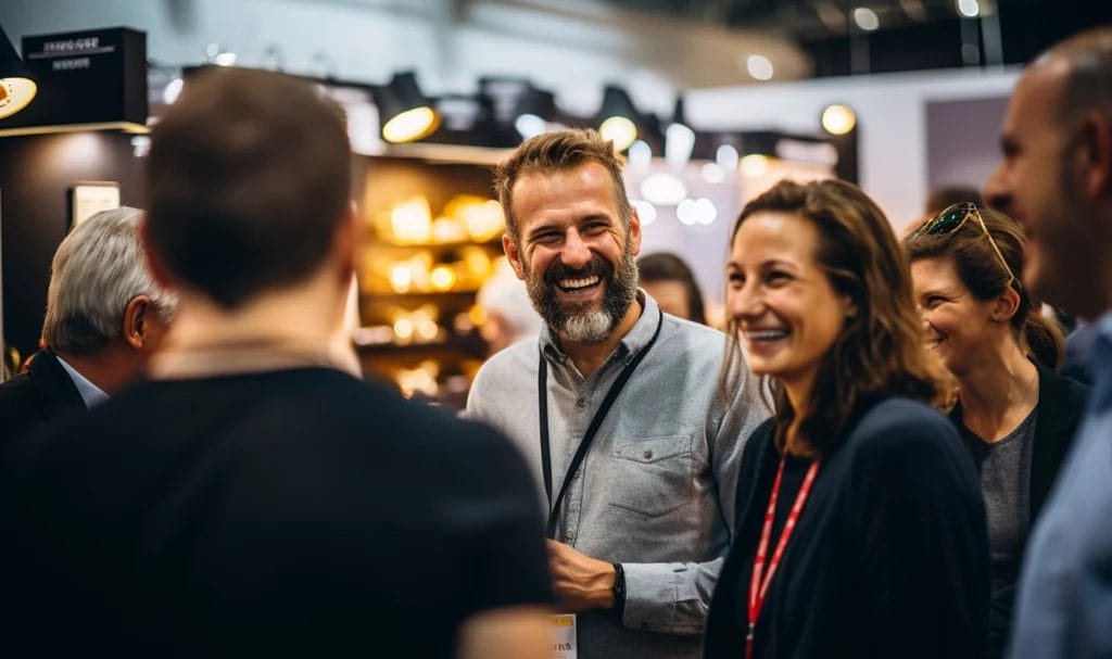 Close up picture of a happy group listening to a small business owner talk about his products at a trade show event.