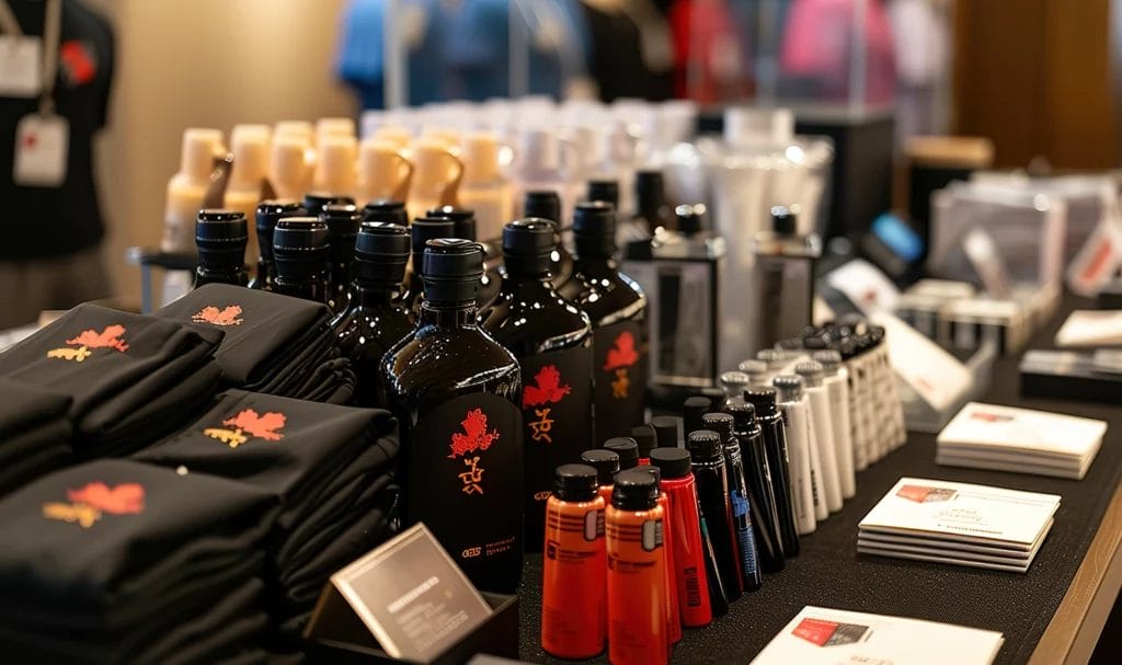 A selection of promotional merchandise, including branded shirts, bottles, and other items, neatly displayed on a table at a trade show.