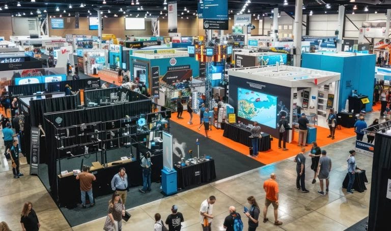 Aerial view of crowded trade show floor with various booths and attendees walking through wide aisles, showcasing a bustling business exhibition environment.