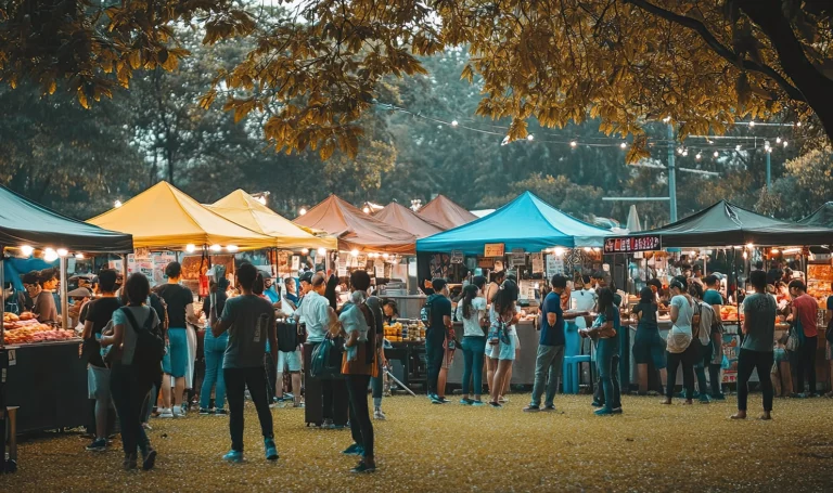 A crowd of people walking through pop-up tents at an outdoor night market at dusk.