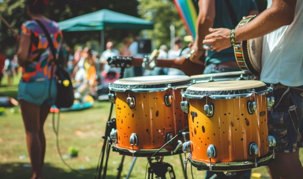 A close-up of a drum kit and band performing at an outdoor festival.