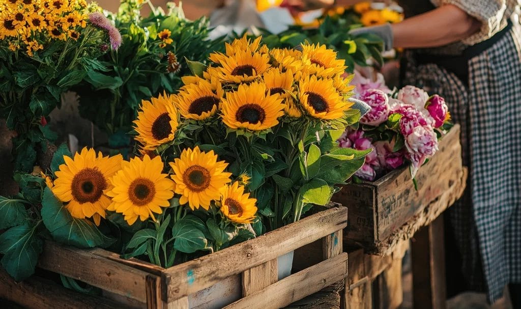 A vendor arranges sunflowers and peonies in wooden crates in her stall as the early morning sun rises before an event.