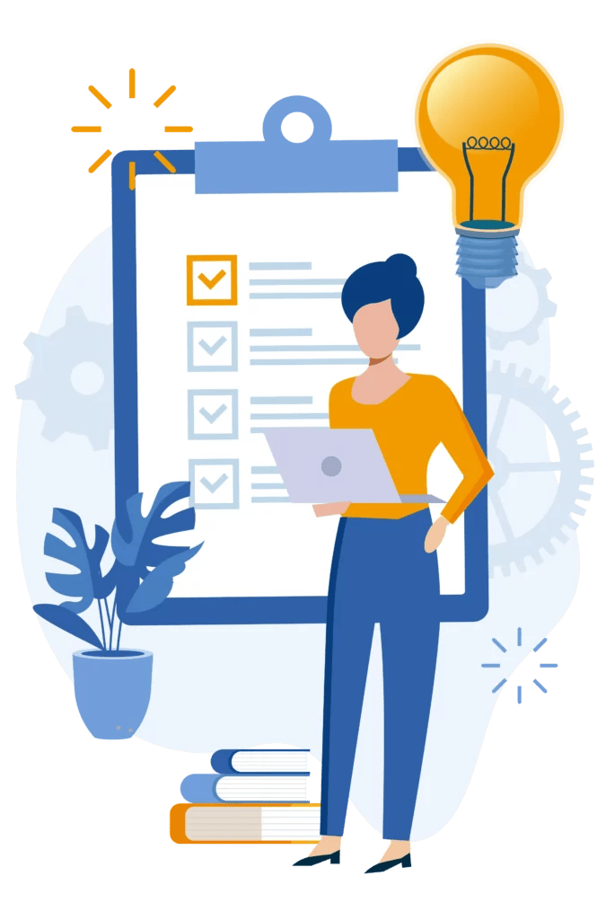 illustration of a woman on a laptop and checklist