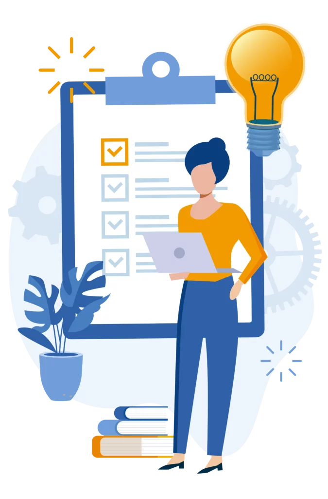 illustration of a woman on a laptop and checklist