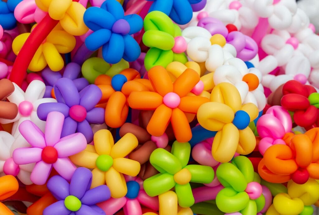 A pile of colorful balloon flowers.