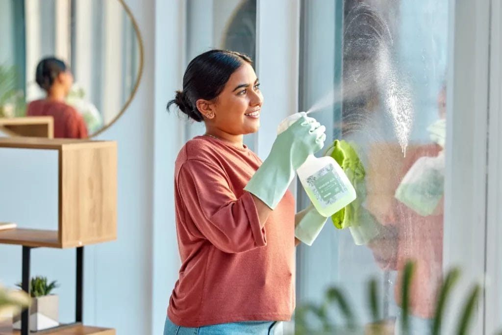 A woman wearing a red t-shirt and mint gloves smiles while spraying cleaning solution onto a glass window.
