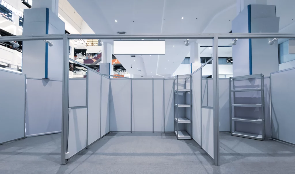 A look at some empty vendor booths at an empty trade show before anyone arrives to set-up.