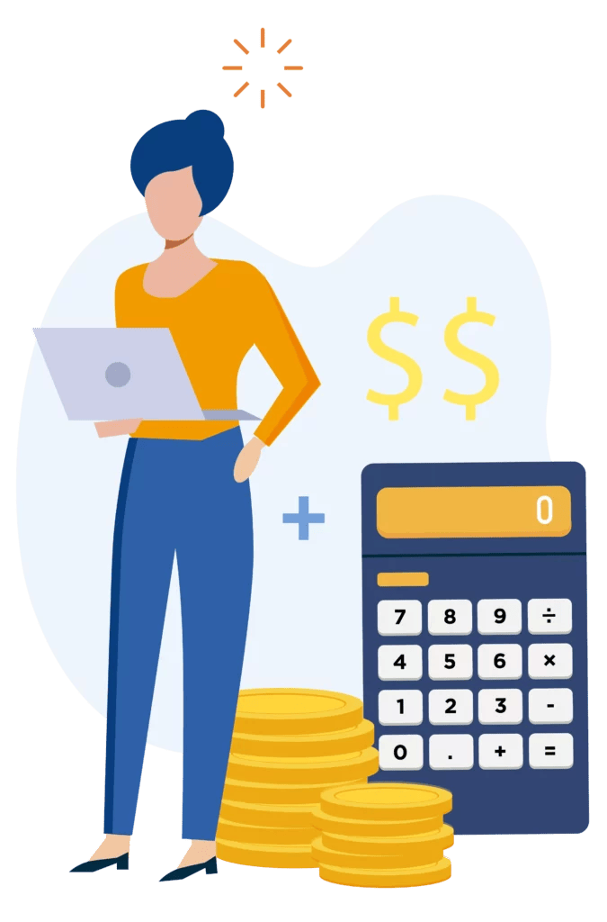 Illustration of woman with coins and calculator