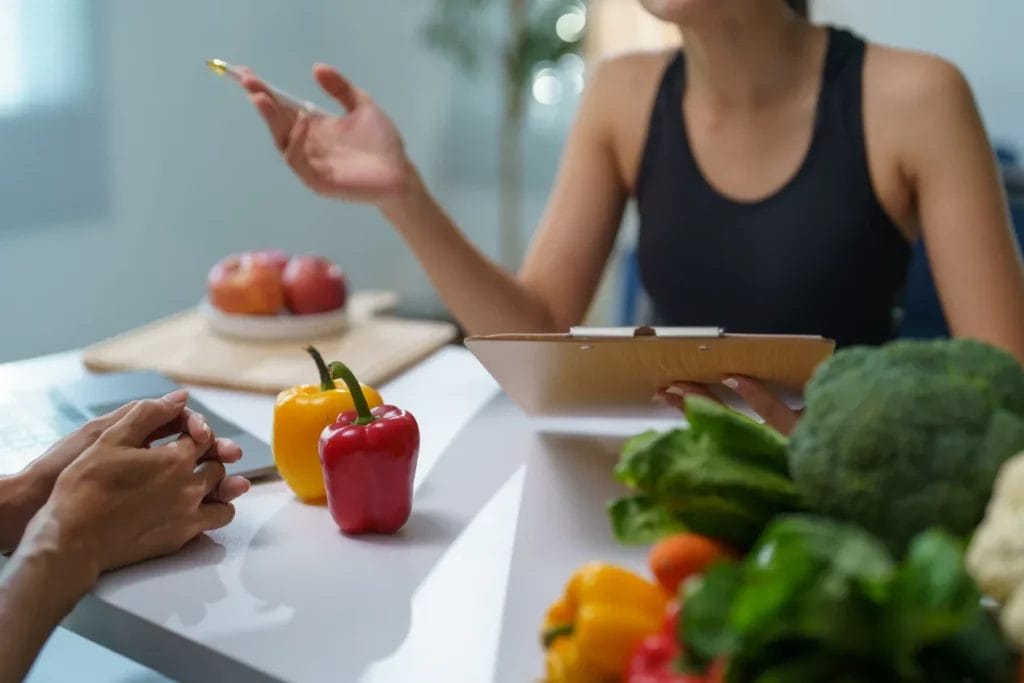 A personal trainer wearing a black tank top holds a brown clipboard and speaks to a client about nutrition at a table with apples, bell peppers, broccoli, and other vegetables placed atop its surface.