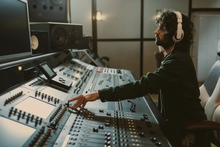 A producer in the studio adjusting the soundboards.