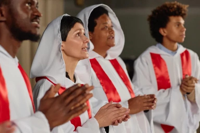 A gospel choir singing in a church.