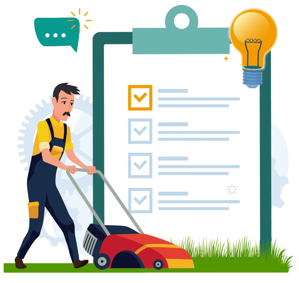 Illustration of guy mowing lawn