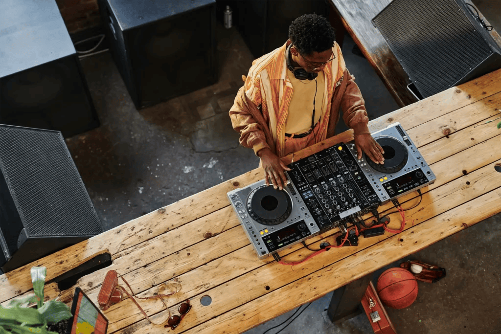 DJ indoors overhead view.
