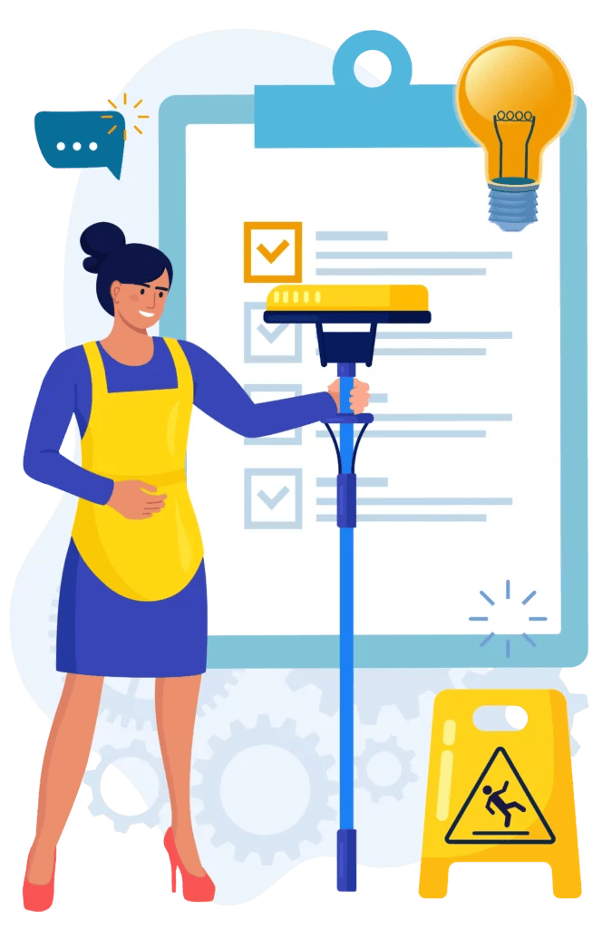 Cleaning lady with large clipboard in background