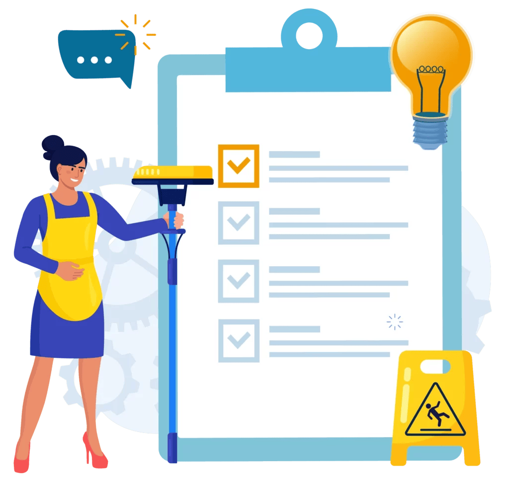 Cleaning lady with large clipboard in background for mobile